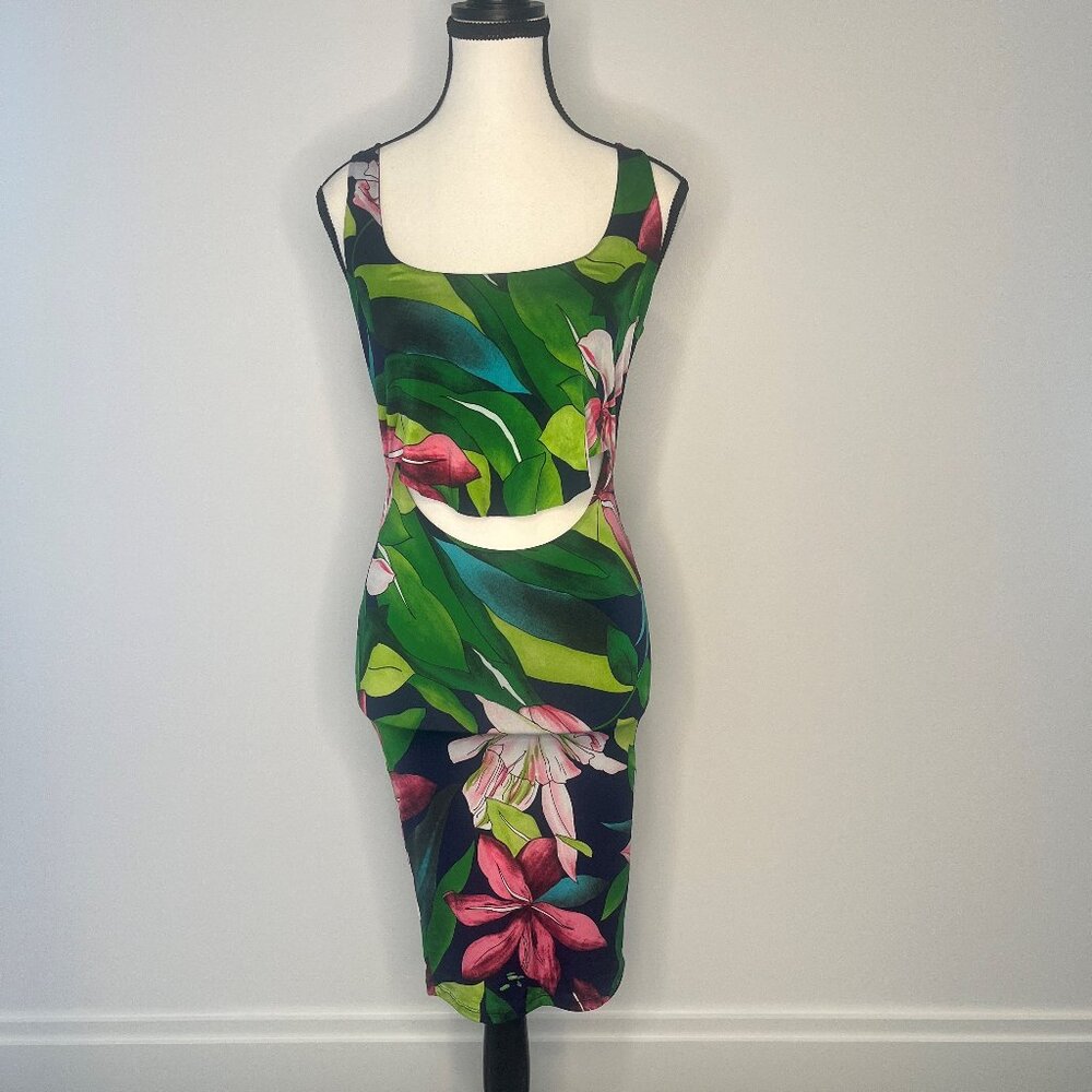 Hot Miami Styles - Womens Floral and Leaf Print Dress with Center Cutout, Size S